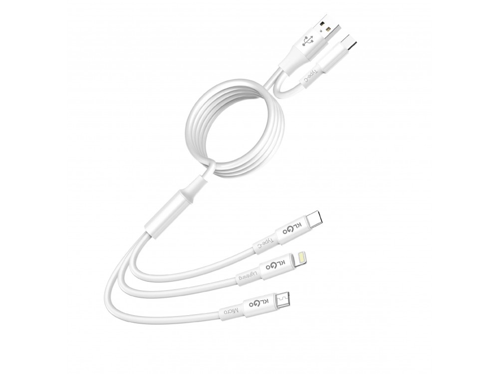 KLGO S-665 Two-Drag Three Cable 1.2m, Dual Type-C & USB-A to Type-C & Lightning & Micro-USB, White