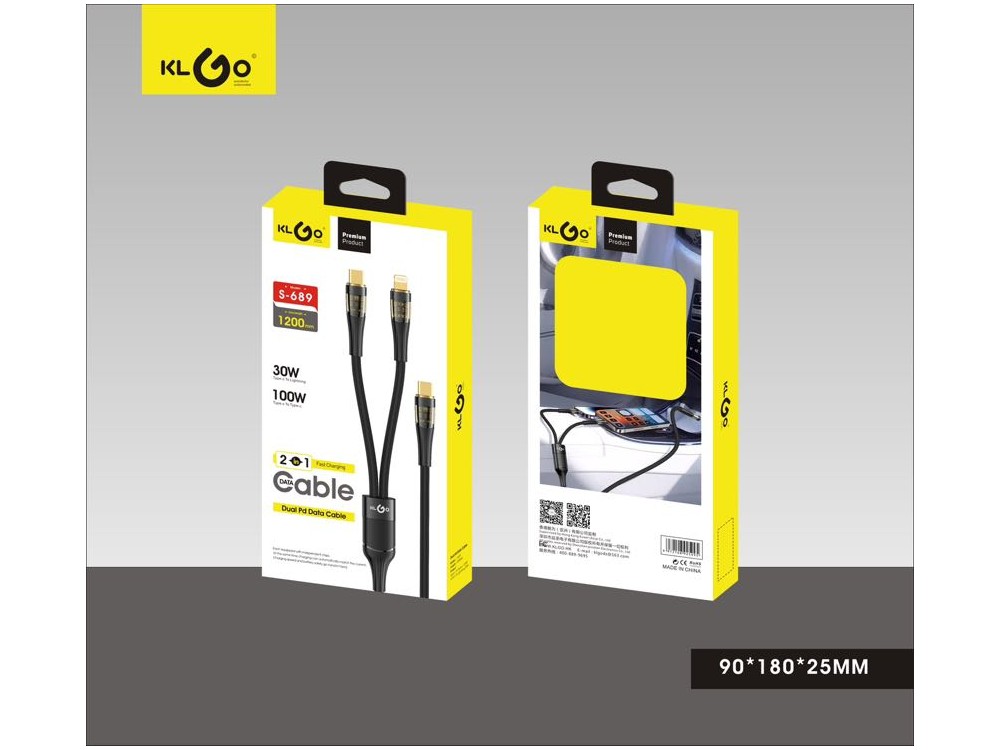 KLGO S-689 Cable 1.2m, Dual Type-C to Type-C (100W) & Lightning (30W), Black