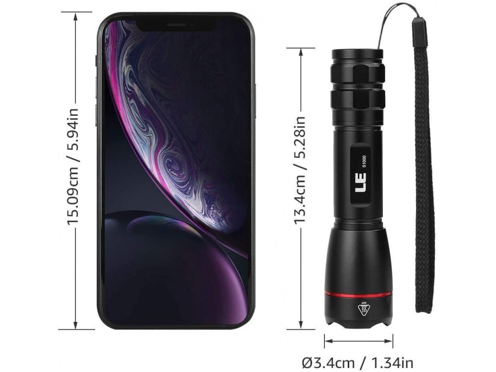 LE Professional LED Flashlight, Superbright 1000 Lumens, Rechargeable & Waterproof  IPX7 With Focus Function, Black