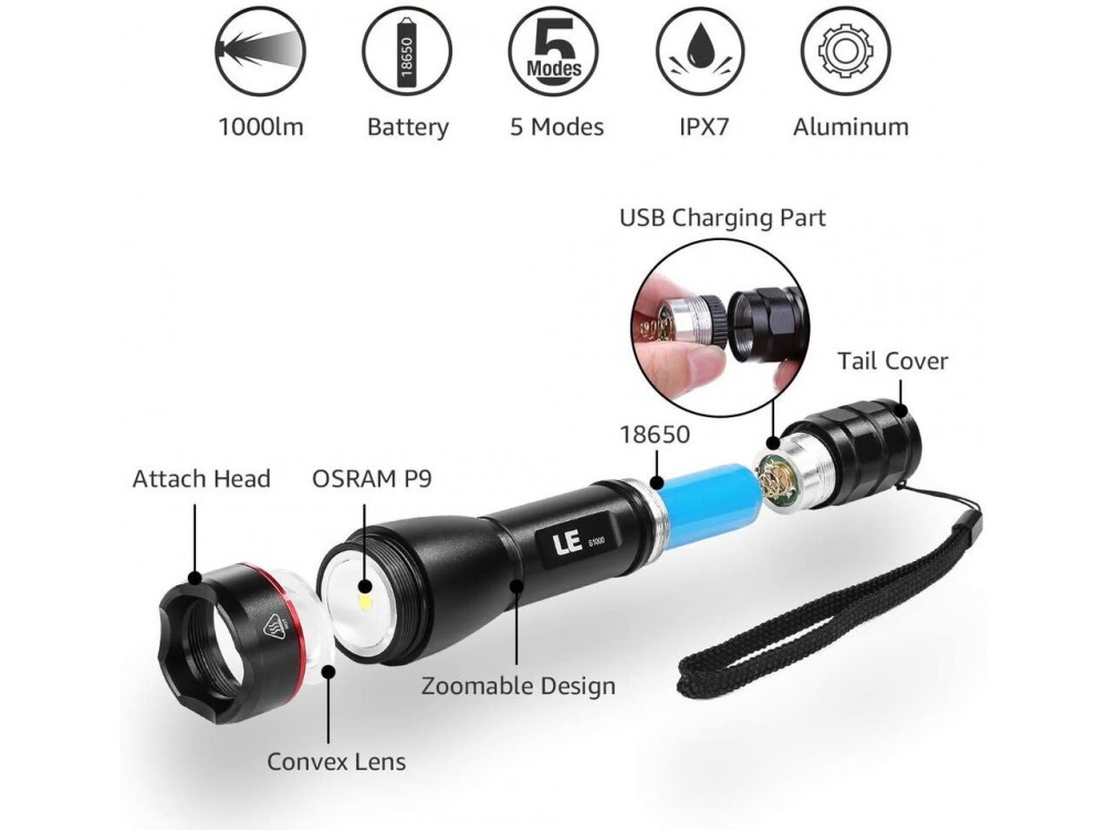 LE Professional LED Flashlight, Superbright 1000 Lumens, Rechargeable & Waterproof  IPX7 With Focus Function, Black