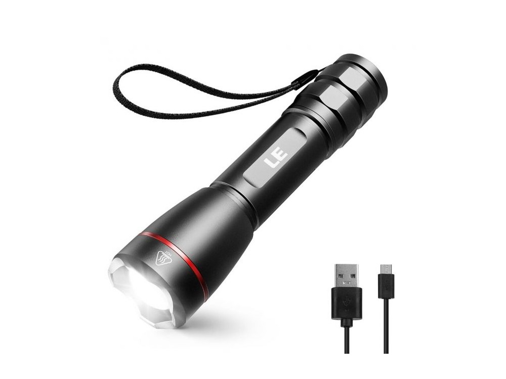 LE Professional LED Flashlight, Superbright 1000 Lumens, Rechargeable & Waterproof  IPX7 With Focus Function, Black