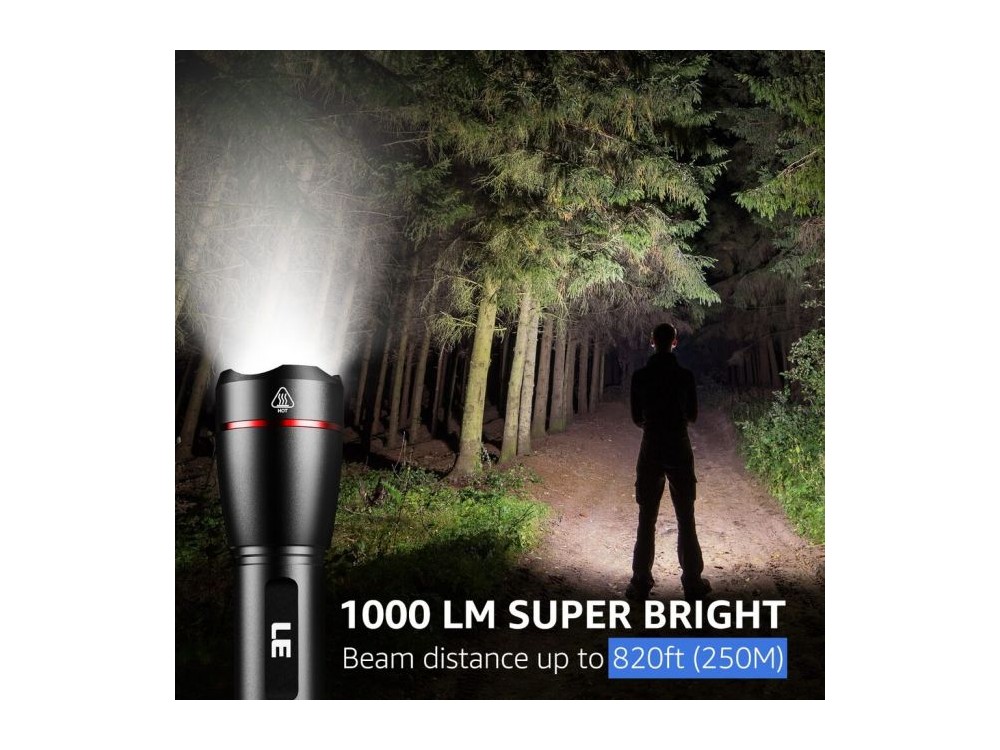 LE Professional LED Flashlight, Superbright 1000 Lumens, Rechargeable & Waterproof  IPX7 With Focus Function, Black