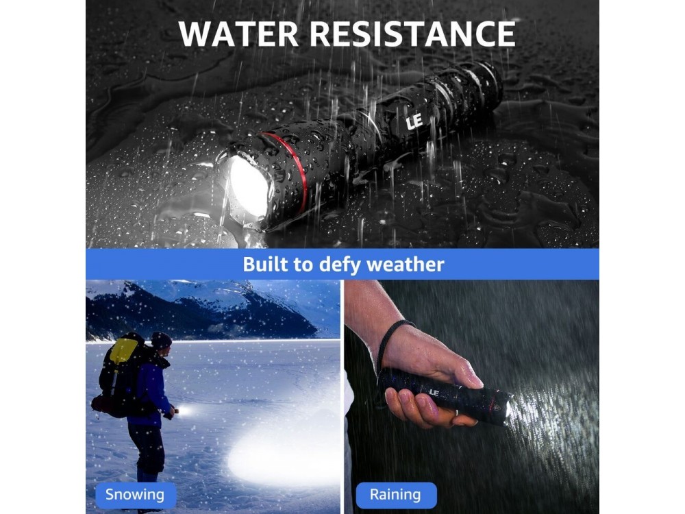 LE Professional LED Flashlight, Superbright 1000 Lumens, Rechargeable & Waterproof  IPX7 With Focus Function, Black