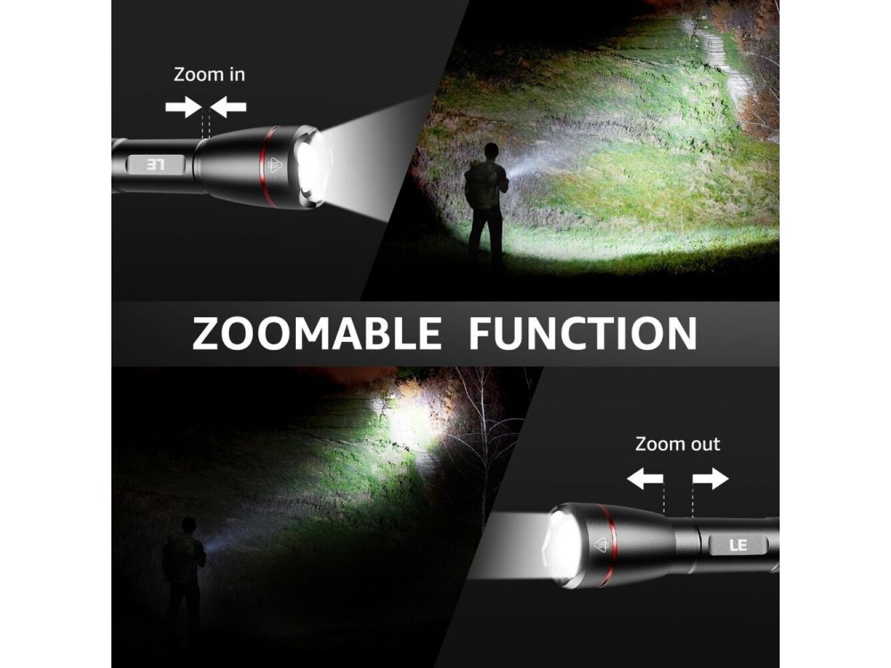 LE Professional LED Flashlight, Superbright 1000 Lumens, Επαναφορτιζόμενος & Αδιάβροχος IPX7 με Λειτουργία Focus, Μαύρος