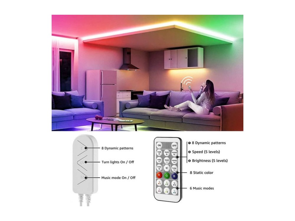 LE Professional MagicColor RGB (RGBIC) LED Ταινία 10m (2*5m), Με Τηλεχειριστήριο, 16 Χρωματισμοί (Static & Rainbow), Αδιάβροχη