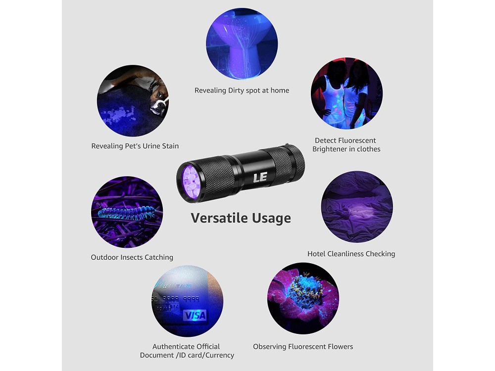 LE UV Blacklight Ultraviolet Torch, 395nm, 9 LED Φακός, IPX4 με 3 x AAA Μπαταρίες