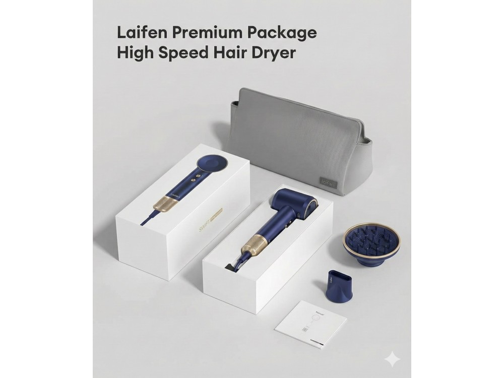 Laifen Swift Premium Hair Dryer, Ionic Πιστολάκι Μαλλιών με Φυσούνα, Θήκη, 2 Εξαρτήματα & 1.8μ. Καλώδιο, 1600W, Golden Blue