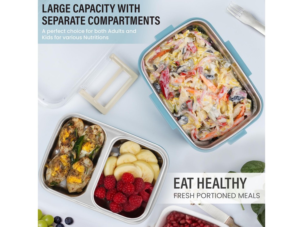 AJ O-Bento, Outdoor & Work Lunch Box, Stainless Steel 2-Tier Insulated Compartment, 1200ml, Petrol Blue