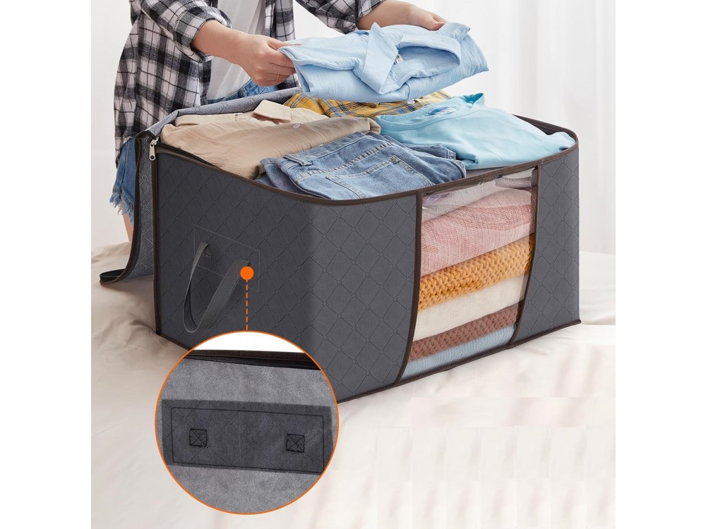 AJ Clothes Storage Organizer Bags 75L, Κουτιά Αποθήκευσης Ρούχων με 2 Ανοίγματα & Παράθυρο, Σετ των 3τμχ, 58x39x33cm, Dark Grey