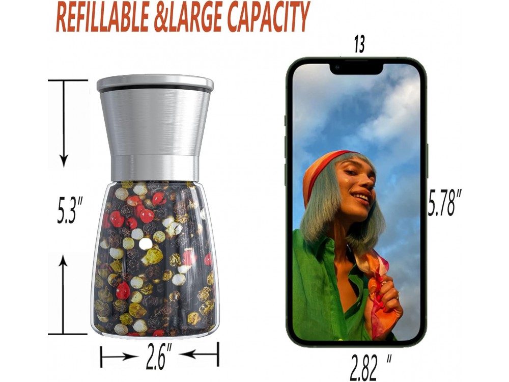 AJ Salt and Pepper Mill, Κεραμικός Μύλος Αλατιού & Πιπεριού με Ρυθμιζόμενη Άλεση Γυάλινος 13.5cm