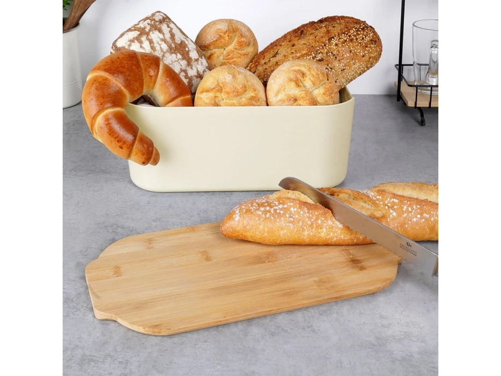 Vilde Premium Bread Bin, Bread Bin with Bamboo Cutting Board 33x18.5x12cm, Cream