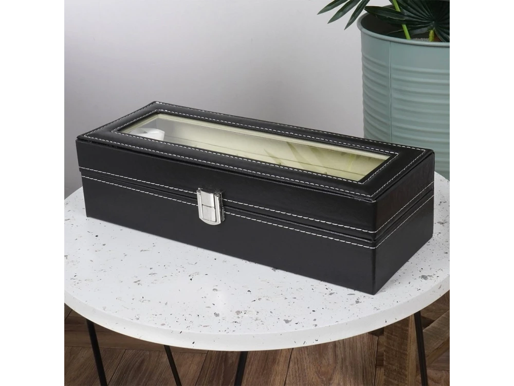 Vilde Θήκη από Vegan Leather με διάφανο καπάκι για 6 ρολόγια, Μαύρη