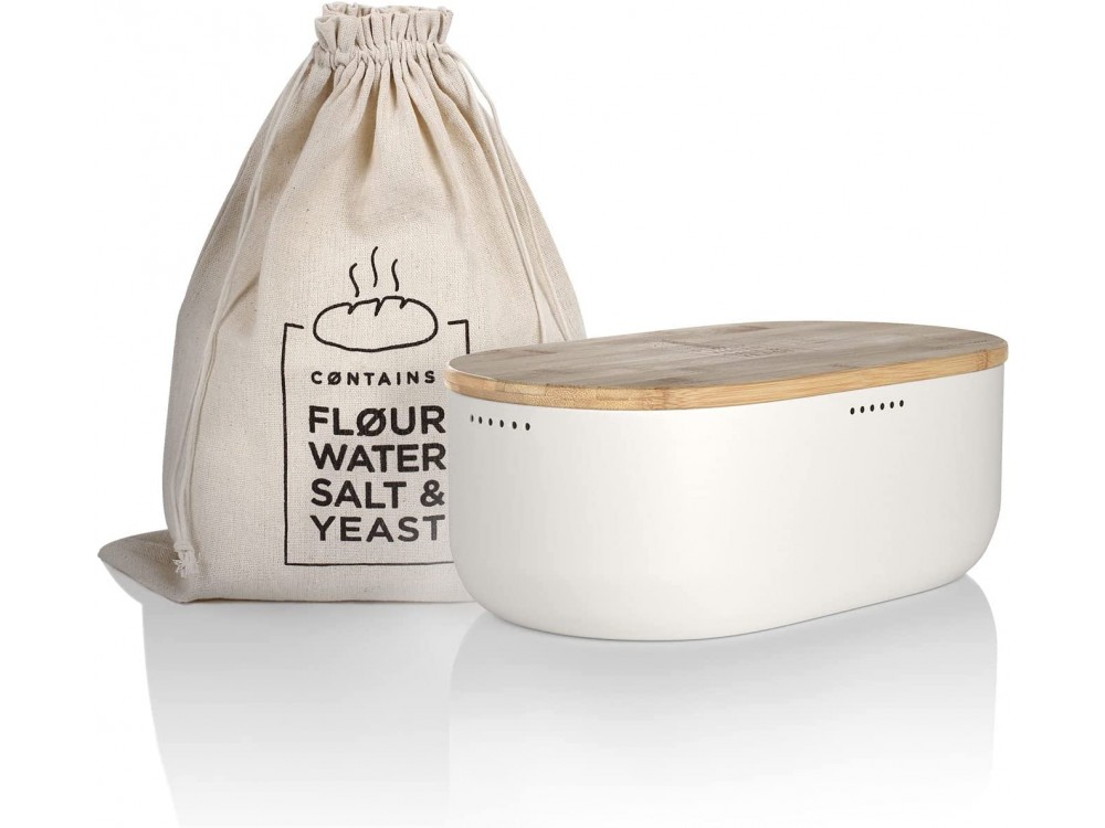 Lars Nysom Aegte Bread Box incl. Bread Bag, Ψωμιέρα με Επιφάνεια Κοπής από Μπαμπού & Τσάντα, White