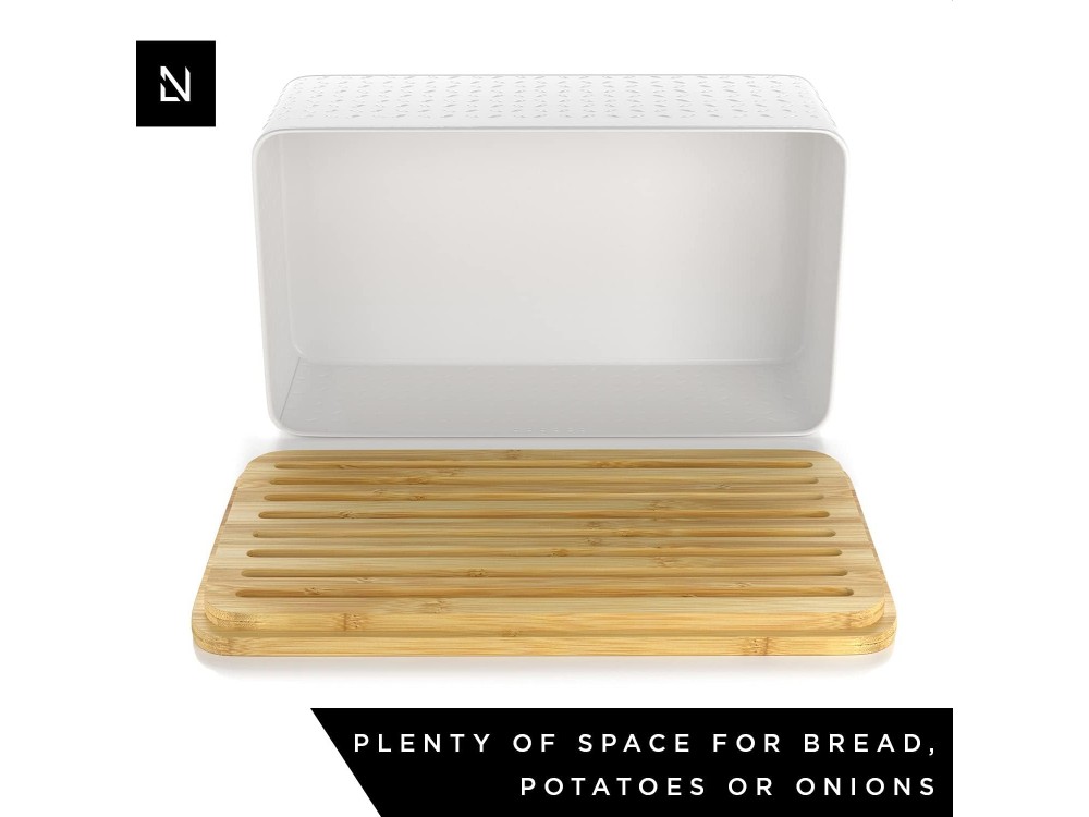 Lars Nysom Glaede Bread Box incl. Bread Bag, Bread Board with Bamboo Cutting Surface & Bag, Pure White
