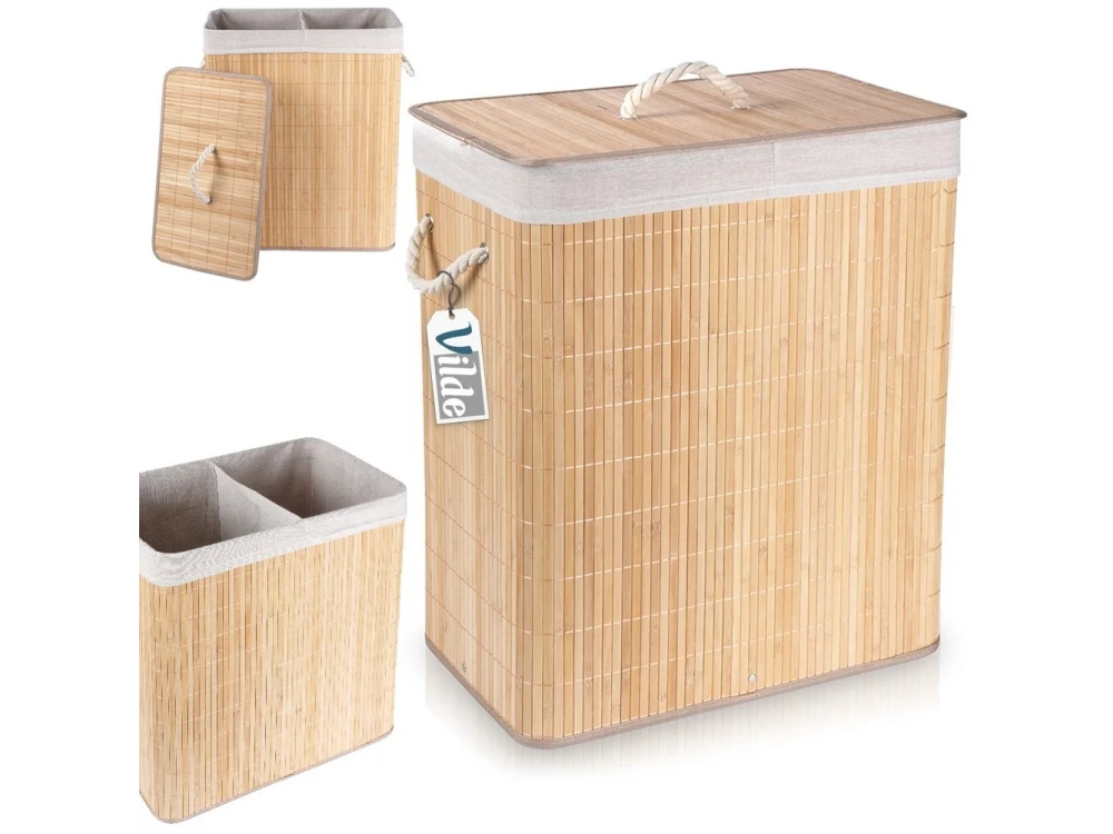 Vilde Bamboo Laundry Basket 90L 50x30.5x60.5cm, 2 Compartments with Lid, Beige