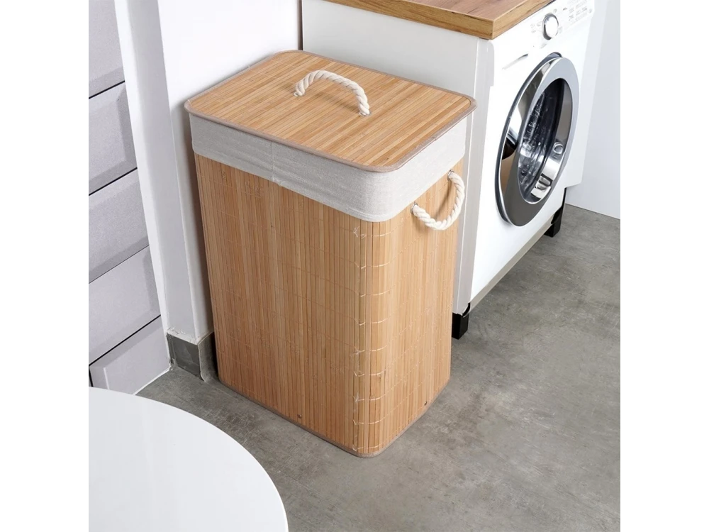 Vilde Καλάθι για Άπλυτα από Μπαμπού 70L 40x30x60cm, 2 διαμερισμάτων με Καπάκι, Beige