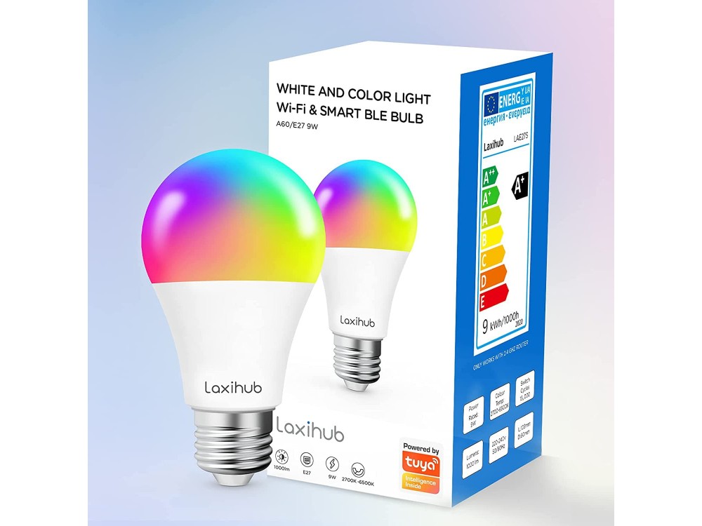Laxihub Έξυπνη λάμπα LED Bluetooth + WiFi, Λευκή & RGB 9W E27 (Δε χρειάζεται Hub & Tuya Compatible), 1000 lm