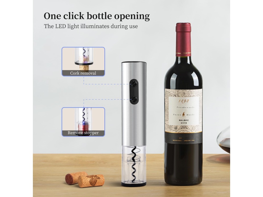 AJ Electric Wine Opener, Automatic Corkscrew, Foil Cutter, LED Light & Transparent Window, Ηλεκτρικό Ανοιχτήρι Κρασιού, Silver