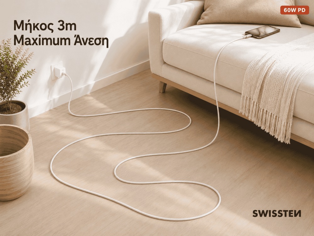 Swissten Textile USB-C Cable, Καλώδιο USB-C σε USB-C 60W, 3μ., Silver