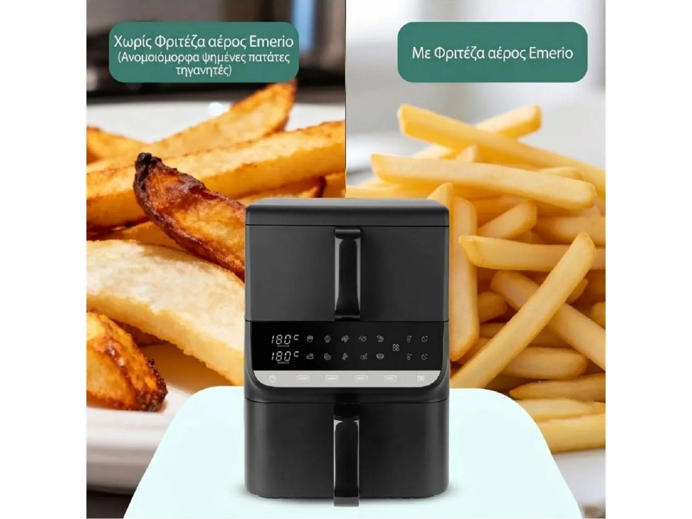 Emerio Double Chamber Vertical XL Air Fryer 2500W, Vertical Air Fryer 2 Chambers (3.5lt + 6.5lt) with Touch Screen & Sync Finish