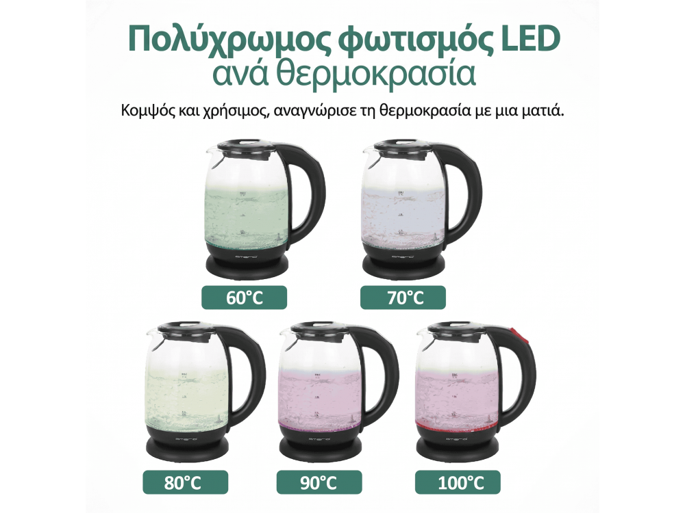 Emerio Glass Kettle,  Kettle with Interior LED,  Temperature Selection (60 °C έως 100 °C) &  Glass Jug 1.7lt