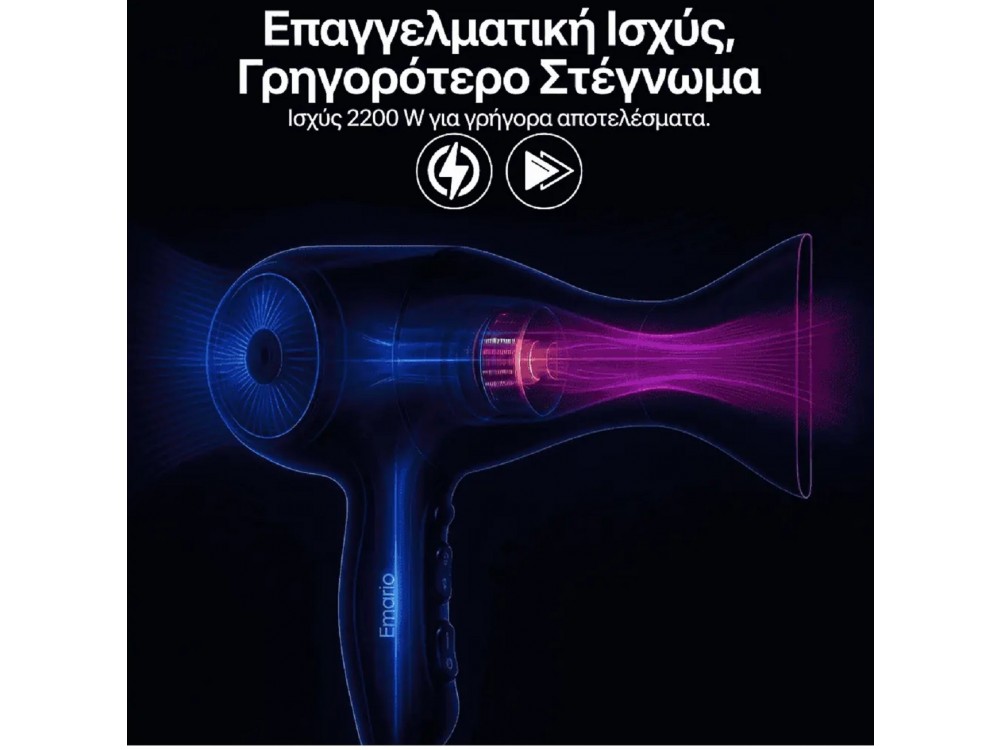Emerio Hair Dryer, Hair Dryer 2200W, 3 Temperatures, Cool Shot, Ionic Function, 2 Speeds with Concentrator & Diffuser