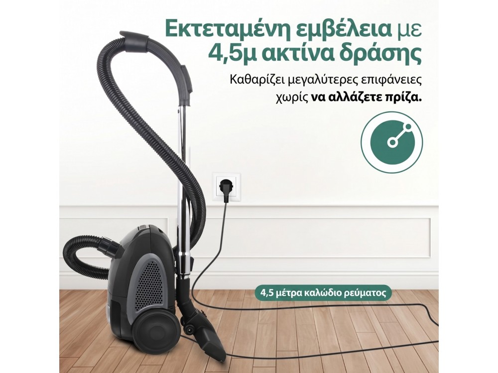 Emerio Vacuum Cleaner, 800W with Bag & Bin 2L, Black / Grey