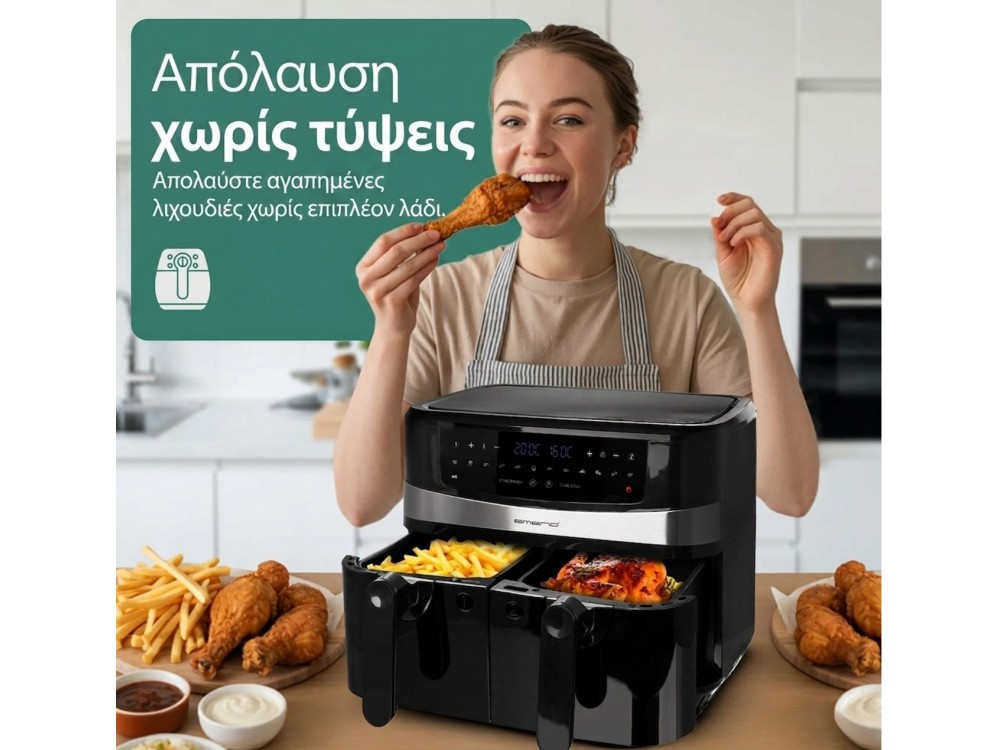 Emerio Double Air Fryer XXL, 2x4.5lt Air Fryer for Healthy Cooking with 2 Separate Buckets, 2400W & 12 Preset Menus