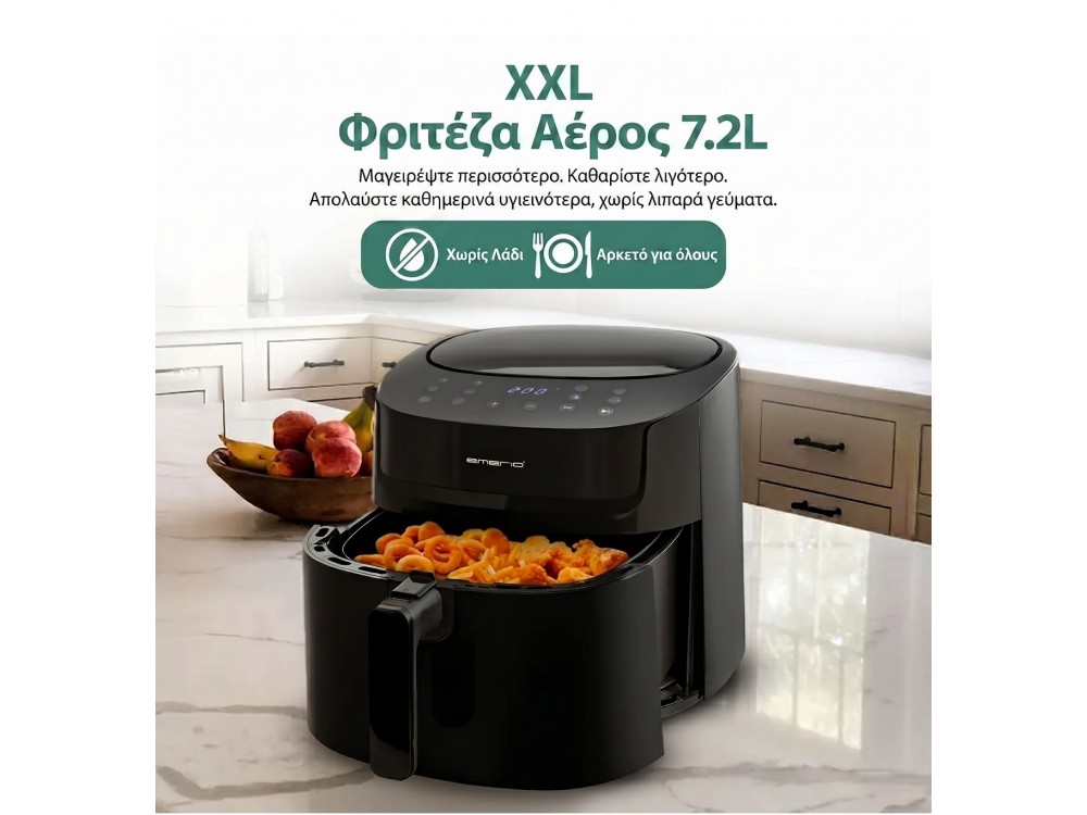 Emerio Air Fryer, Air Fryer XXL 7.2lt for Healthy Cooking, BPA-Free, 1800W, 8 Preset Menus & Touch Panel