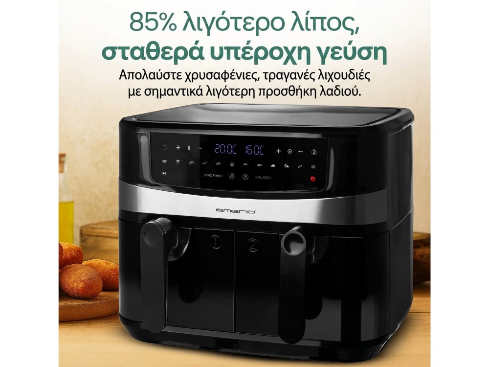 Emerio Double Air Fryer XXL, 2x4.5lt Air Fryer for Healthy Cooking with 2 Separate Buckets, 2400W & 12 Preset Menus
