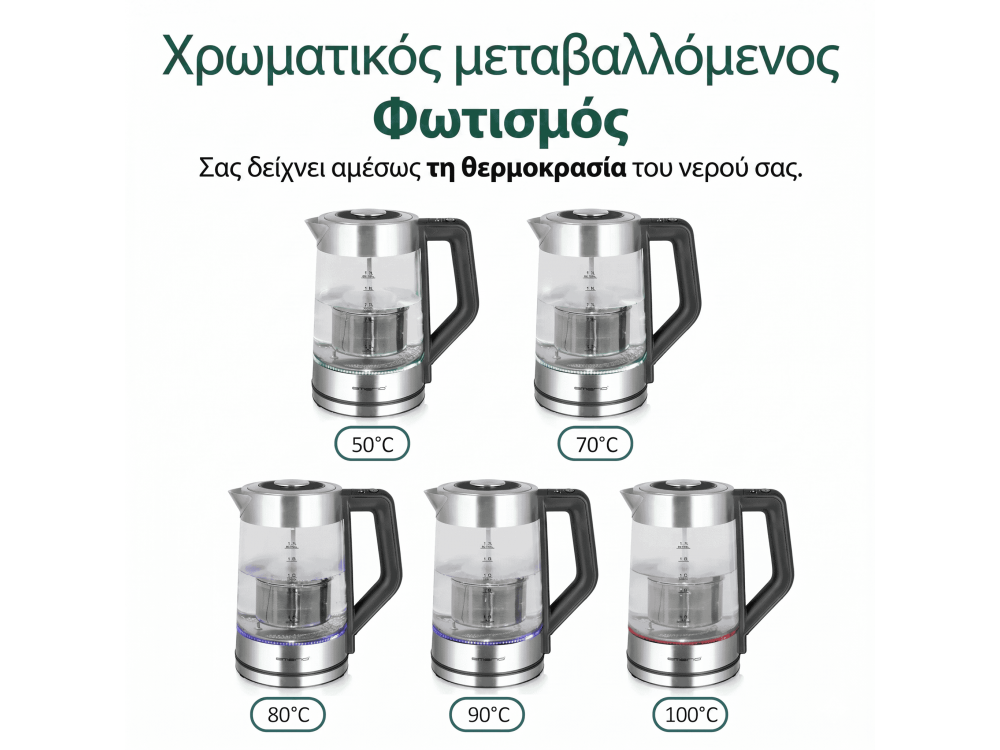 Emerio Glass Tea Maker Kettle & Teapot with Temperature Selection with Internal LED & Glass Jug 1,7L