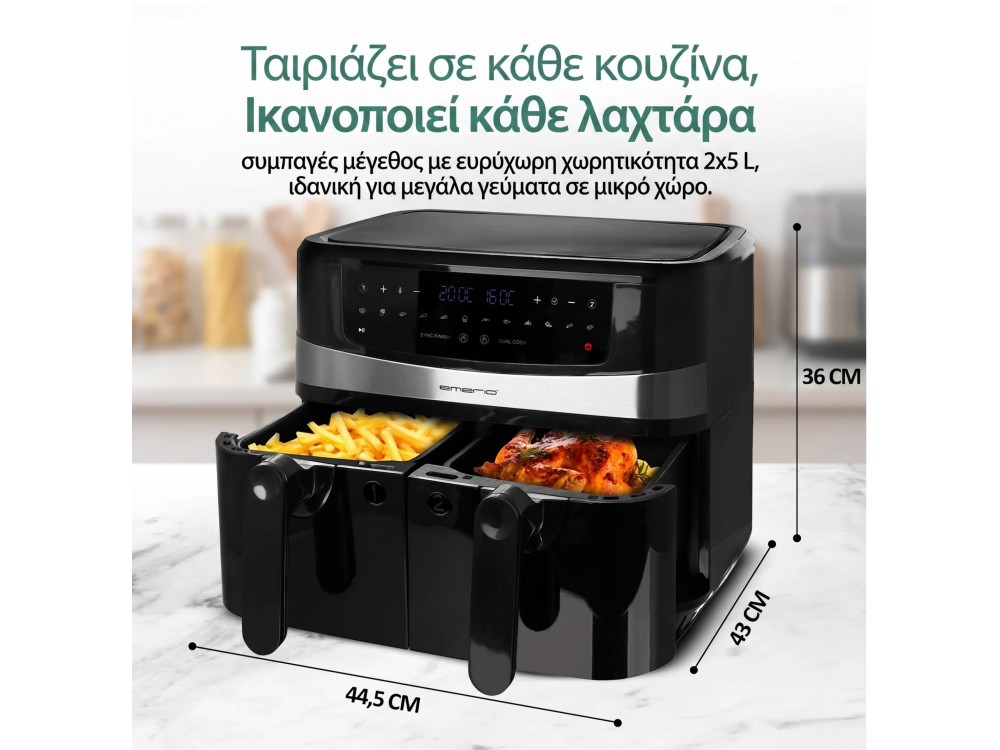 Emerio Double Air Fryer XXL, 2x4.5lt Air Fryer for Healthy Cooking with 2 Separate Buckets, 2400W & 12 Preset Menus