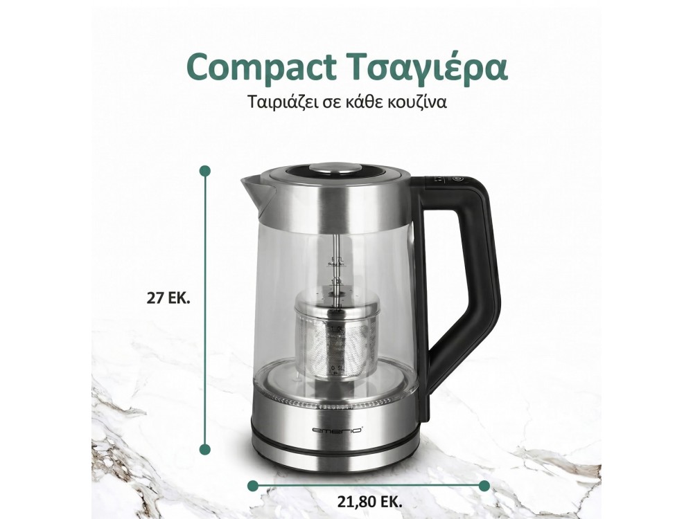 Emerio Glass Tea Maker Kettle & Teapot with Temperature Selection with Internal LED & Glass Jug 1,7L