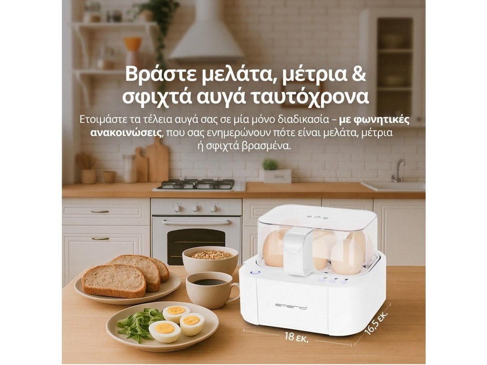 Emerio EB-115560 Egg Boiler, Βραστήρας 6 Αυγών 400W με 3 Επίπεδα Βρασίματος και Φωνητικές Ειδοποιήσεις