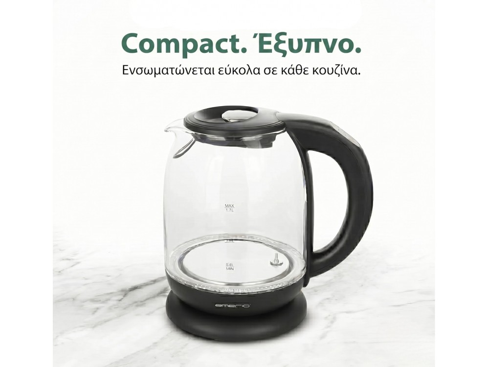 Emerio Glass Kettle,  Kettle with Interior LED,  Temperature Selection (60 °C έως 100 °C) &  Glass Jug 1.7lt