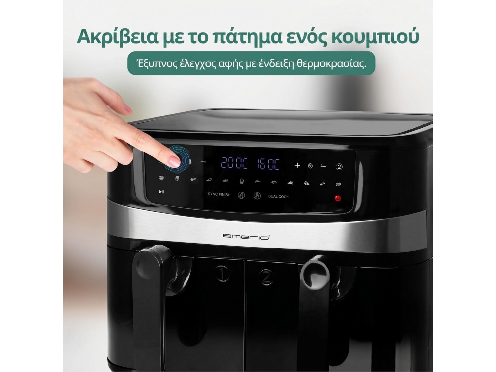 Emerio Double Air Fryer XXL, 2x4.5lt Air Fryer for Healthy Cooking with 2 Separate Buckets, 2400W & 12 Preset Menus