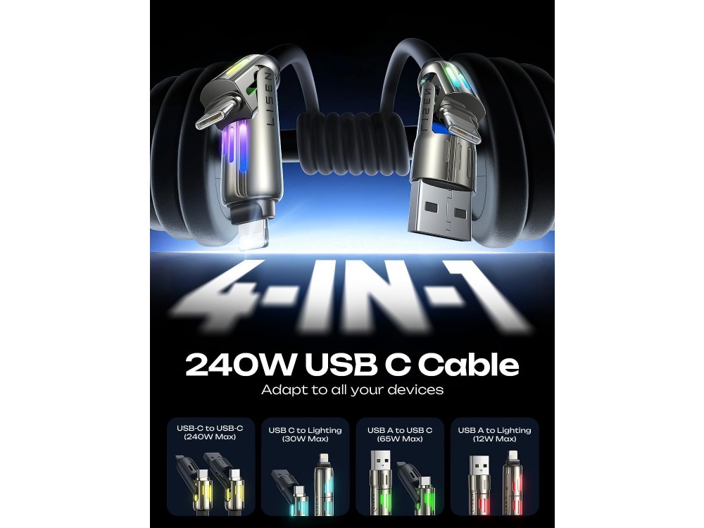 Lisen 4-in-1 Lightning / Type-C / USB-A Cable 2m 240W with RGB, Black