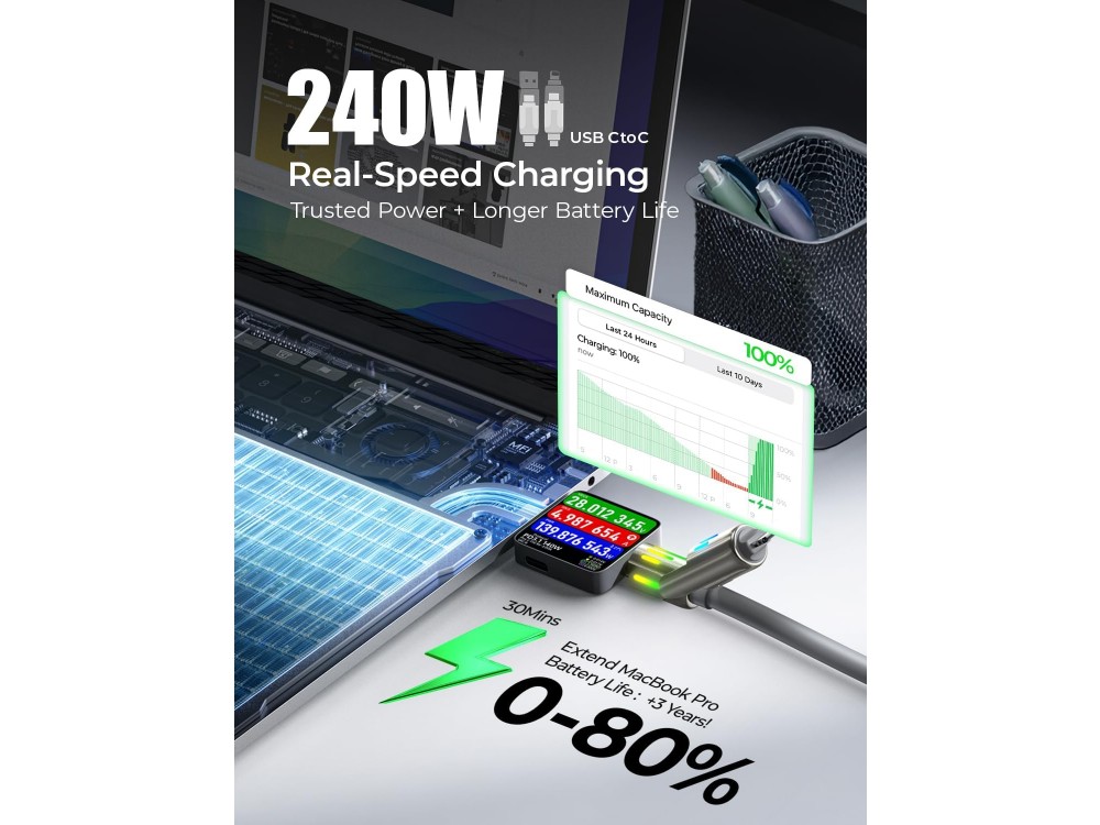 Lisen 4-in-1 Lightning / Type-C / USB-A Cable 2m 240W with RGB, Black