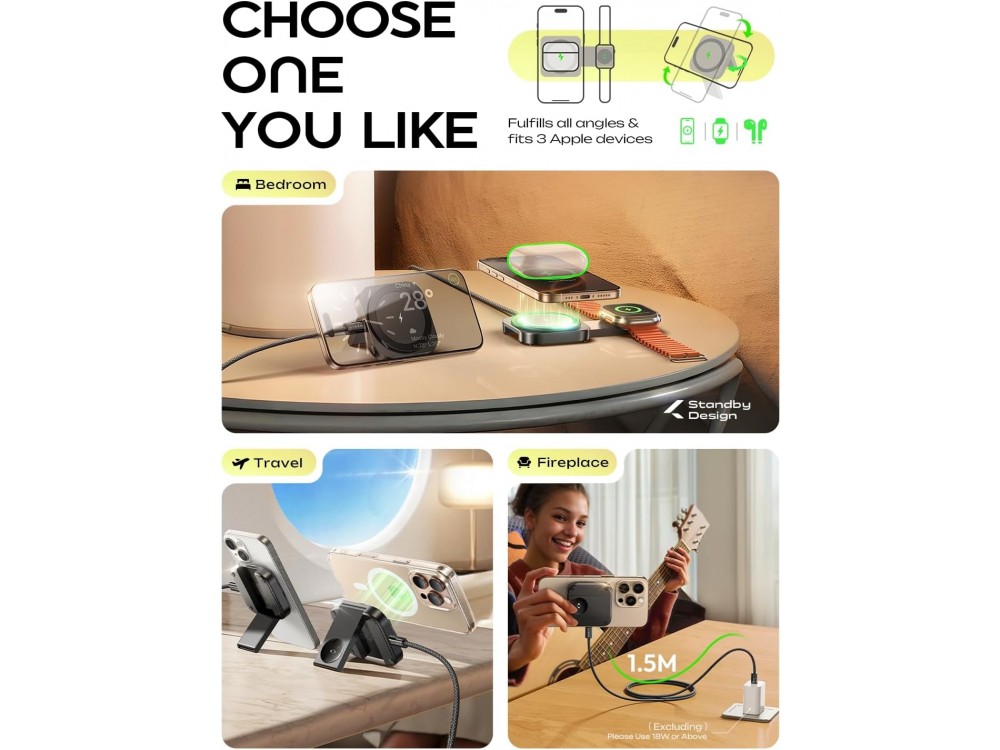 Lisen MagSafe Charging Station 15W, Wireless Charger for iPhone, AirPods and Apple Watch, Black