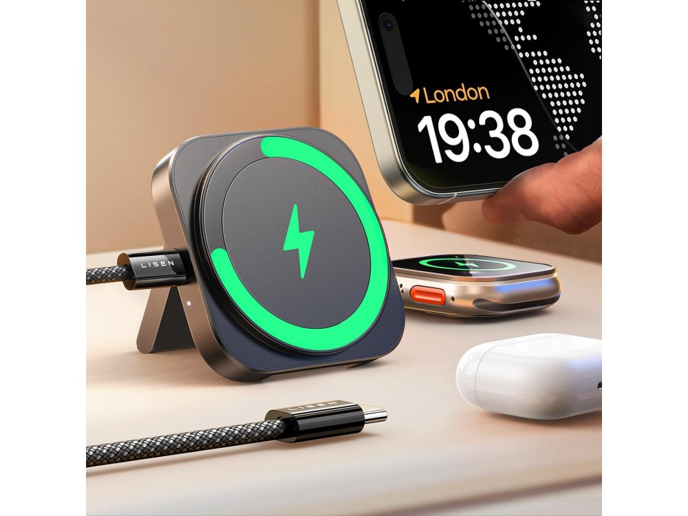 Lisen MagSafe Charging Station 15W, Wireless Charger for iPhone, AirPods and Apple Watch, Black