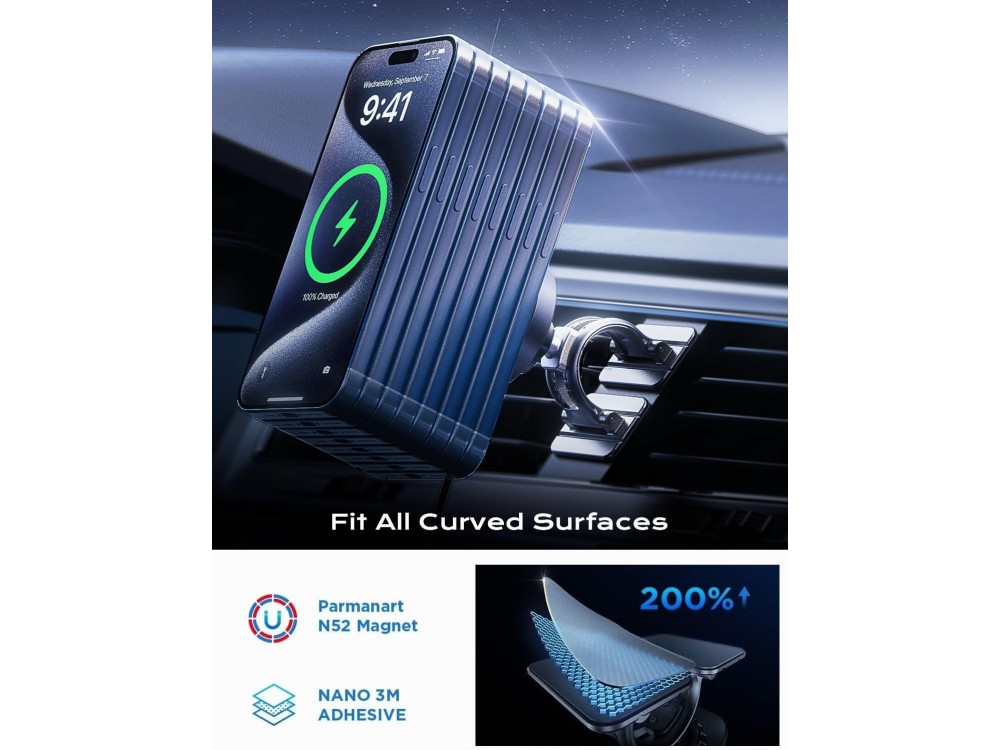 Lisen Magnetic Car Phone Mount & 15W Charger, With wireless charging and MagSafe for iPhone, Black