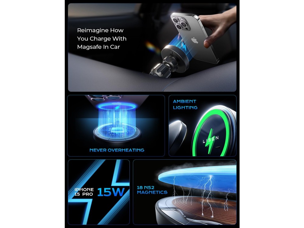 Lisen Magnetic Car Phone Mount & 15W Charger, With wireless charging and MagSafe for iPhone, Black