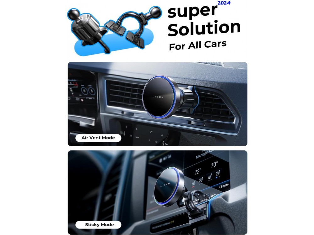 Lisen Magnetic Car Phone Mount & 15W Charger, With wireless charging and MagSafe for iPhone, Black
