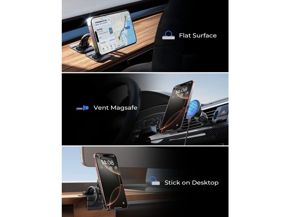 Lisen Magnetic Car Phone Mount & 15W Charger, With wireless charging and MagSafe for iPhone, Black