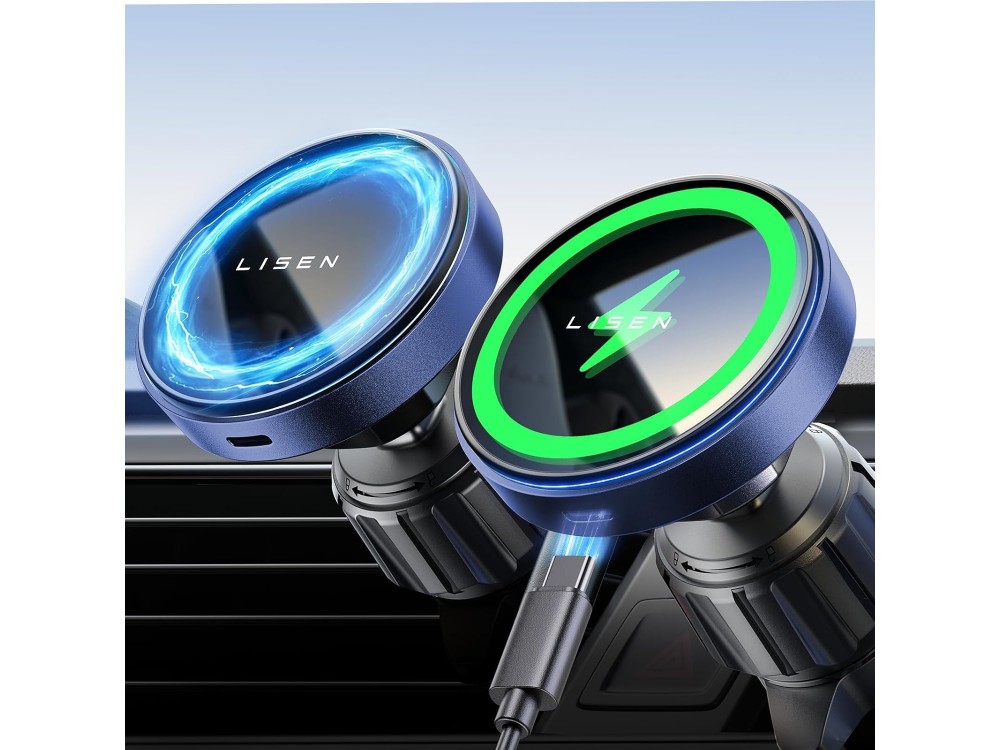 Lisen Magnetic Car Phone Mount & 15W Charger, Car Air Vent Mount with Wireless Charging MagSafe Compatible for iPhone, Black