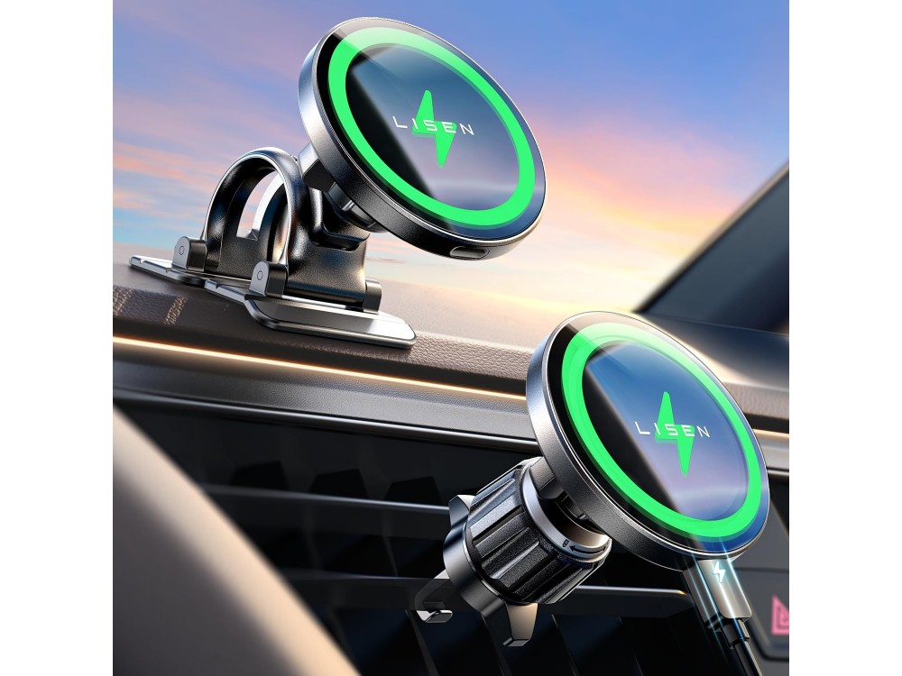 Lisen Magnetic Car Phone Mount & 15W Charger, With wireless charging and MagSafe for iPhone, Black