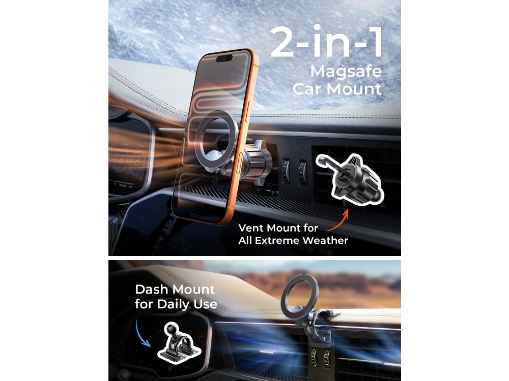 Lisen Magnetic Car Phone Mount, Magnetic Air Vent and Dashboard / Windshield MagSafe Holder for iPhone, Black