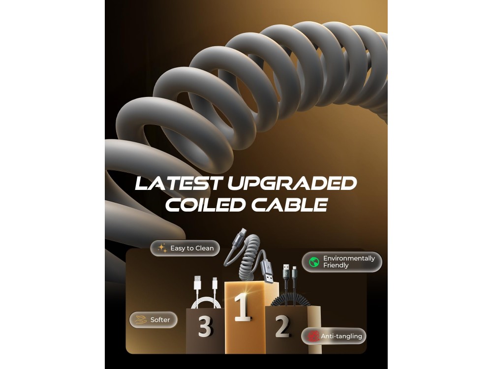 Lisen Spring Cable, Set of 2 USB-C to USB-A Cables with Spring 0.7-1.5m, Grey
