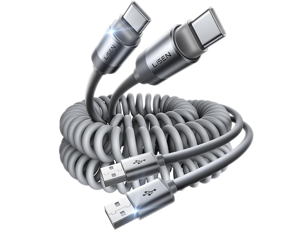 Lisen Spring Cable, Set of 2 USB-C to USB-A Cables with Spring 0.7-1.5m, Grey