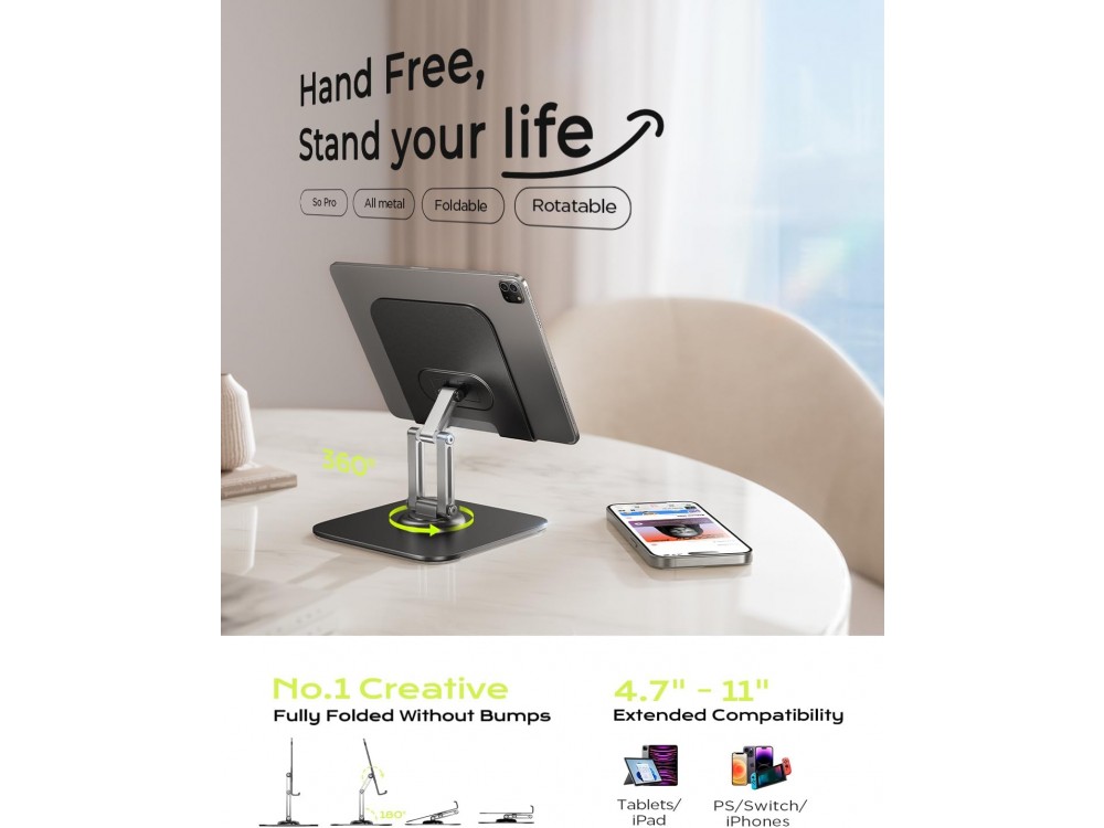Lisen Tablet Holder, 360° Rotating Base / Stand for Mobile Phone / Tablet 4.7"-12.9" with Adjustable Arm, Black